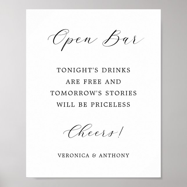 Elegant Calligraphy Wedding Open Bar Sign (Front)