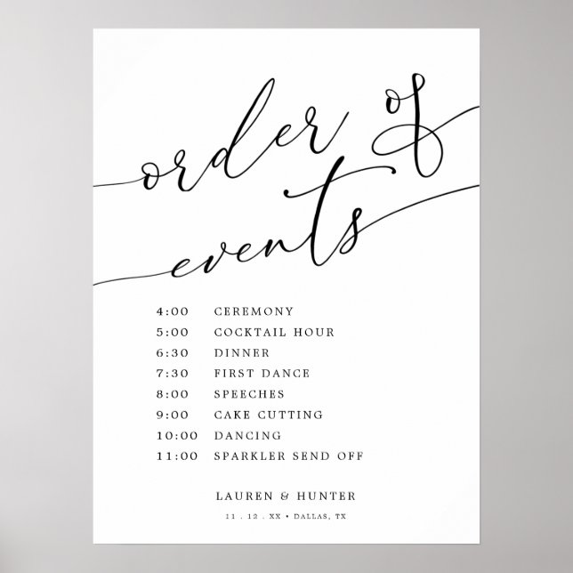 Elegant Calligraphy Wedding Order of Events Sign (Front)