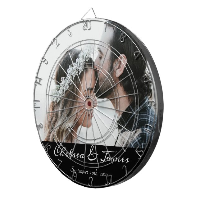 Elegant Calligraphy Wedding Photo Black & White  Dartboard (Front Right)