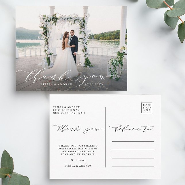 Elegant Calligraphy Wedding Photo Thank You Postcard (Front & Back)