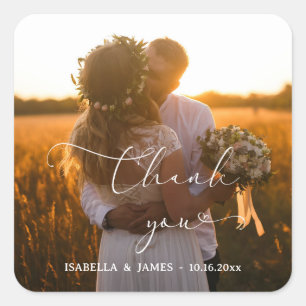 Elegant Calligraphy Wedding Photo Thank You Square Sticker