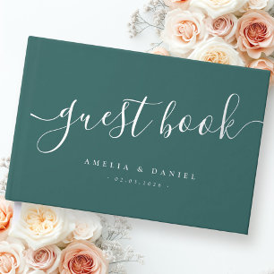 Elegant calligraphy wedding pine green guest book