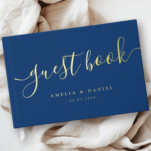 Elegant calligraphy wedding real foil dark blue guest book (Elegant calligraphy wedding real foil dark blue guest book)