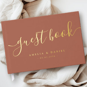 Elegant calligraphy wedding terracotta brown guest book
