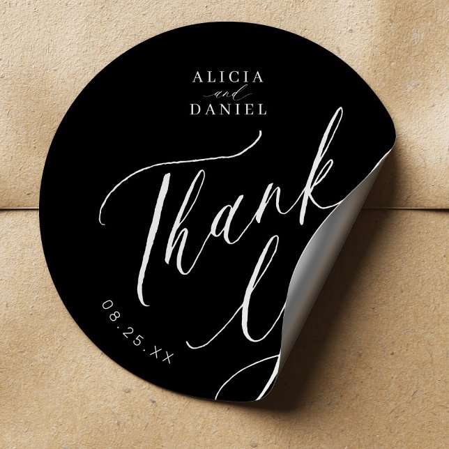 Elegant calligraphy wedding thank you favour black classic round sticker (Creator Uploaded)