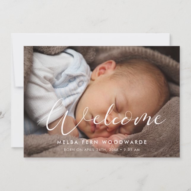Elegant calligraphy Welcome baby photo Announcement (Front)