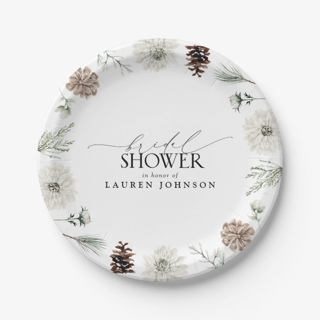 Elegant Calligraphy Winter Greenery Bridal Shower Paper Plate (Front)