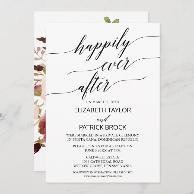 Elegant Calligraphy with Floral Backing Elopement Invitation (Front/Back)