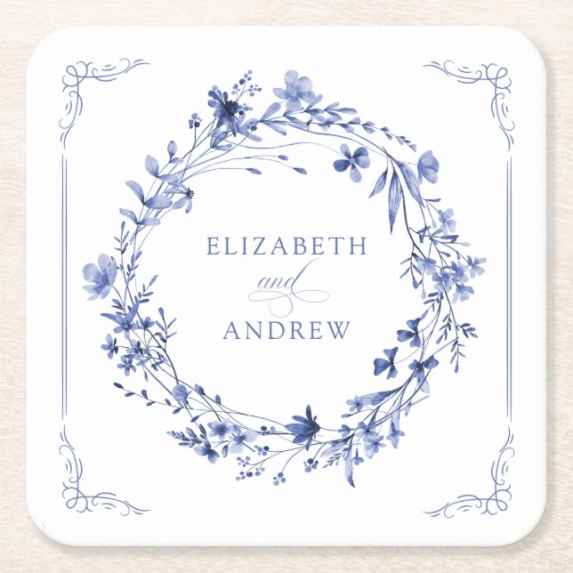 Elegant Calligraphy Wreath Wedding Reception Square Paper Coaster (Front)