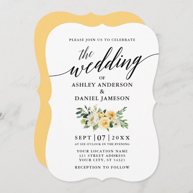 Elegant Calligraphy Yellow Floral Wedding Invitation (Front/Back)