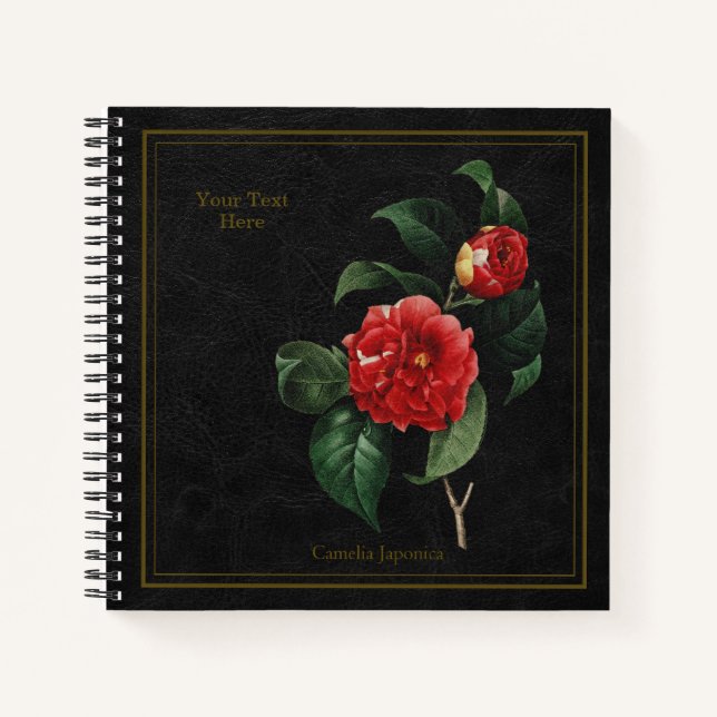 Elegant Camellia Japonica Black Notebook (Front)