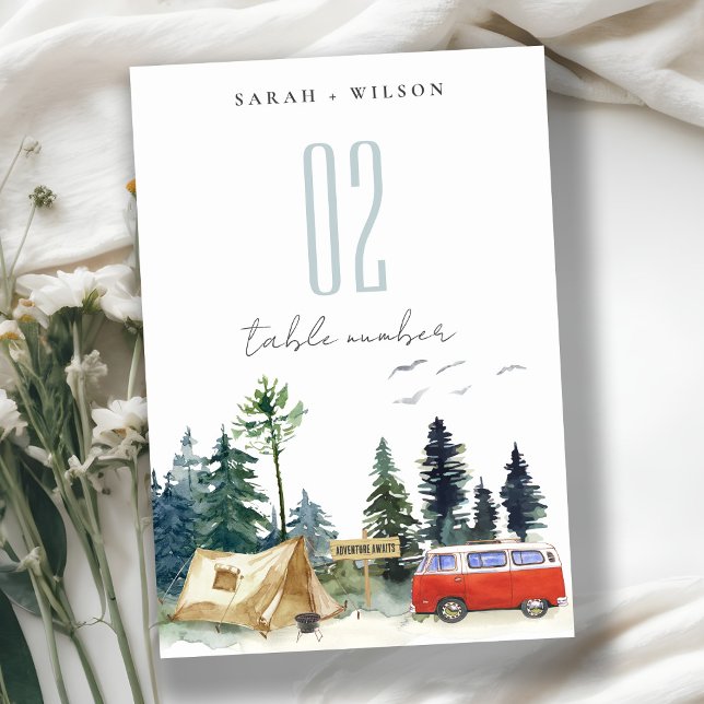 Elegant Camping Watercolor Pine Forest Wedding Table Number (Creator Uploaded)