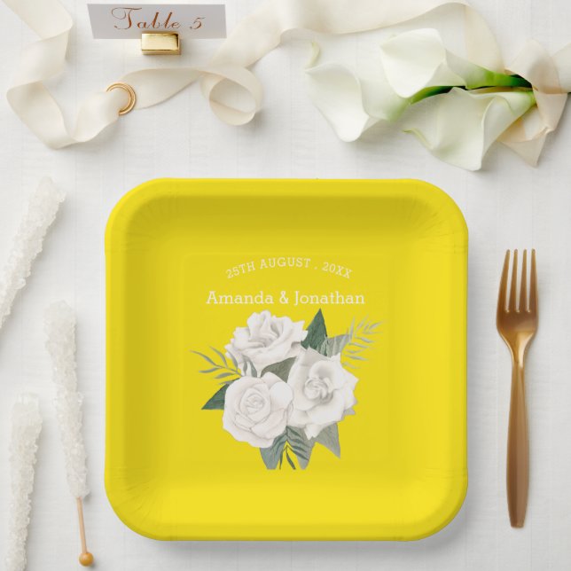 Elegant Canary Yellow and White Roses Wedding  Paper Plate (Wedding)