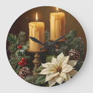 Elegant candle Christmas holly pine warm festive  Large Clock