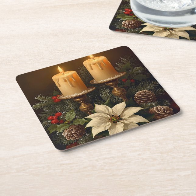 Elegant candle Christmas holly pine warm festive  Square Paper Coaster (Angled)