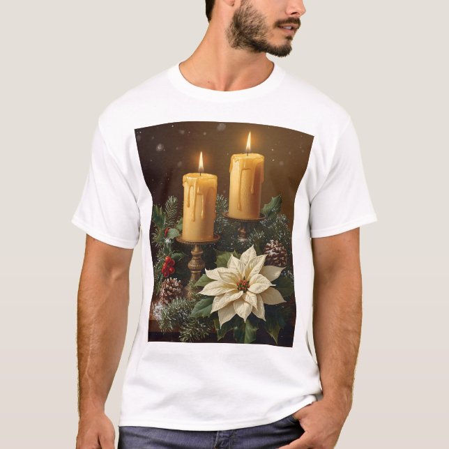 Elegant candle christmas holly pine warm festive  T-Shirt (Front)