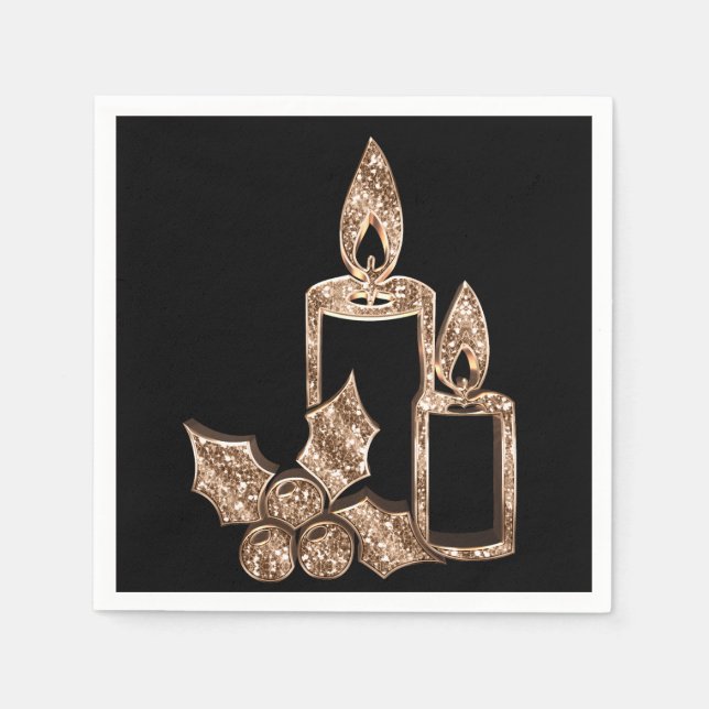 Elegant Candle Holly Faux Gold Diamonds Christmas Napkin (Front)