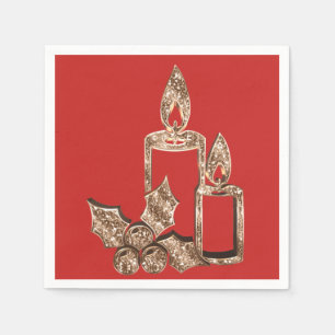 Elegant Candle Holly Red Gold Diamonds Christmas Napkin