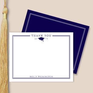 Elegant Cap & Tassel Navy Blue & White Graduation Thank You Card
