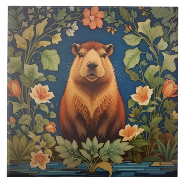 Elegant Capybara William Morris Inspired  Ceramic Tile (Front)