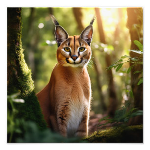 Elegant Caracal in Enchanted Forest at Sunrise Photo Print