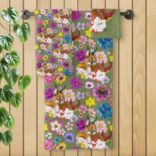 Elegant Caracal Wild Cat Lilies Floral Green Bath Towel Set