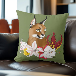 Elegant Caracal Wild Cat Lilies Floral Green Cushion