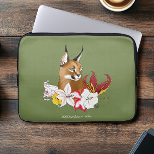 Elegant Caracal Wild Cat Lilies Floral Green Laptop Sleeve