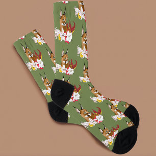 Elegant Caracal Wild Cat Lilies Floral Green Socks