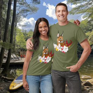Elegant Caracal Wild Cat Lilies Floral Green T-Shirt