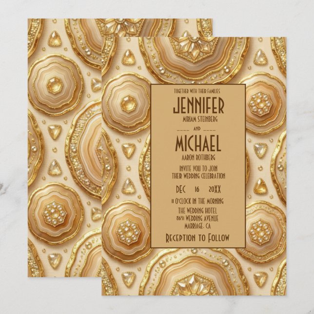 Elegant Caramel and Gold Geode Wedding Invitations (Front/Back)