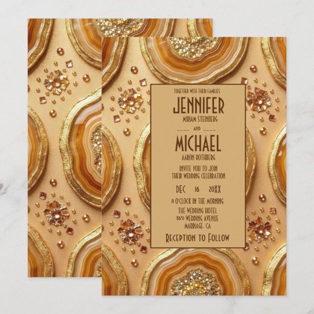 Elegant Caramel and Gold Geode Wedding Invitations (Front/Back)