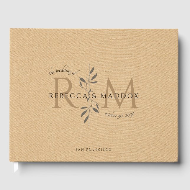 Elegant Caramel Botanical Monogram Wedding Guest Book (Front)