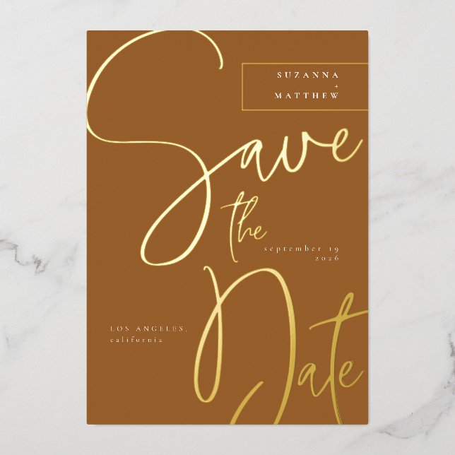 Elegant Caramel Brown Calligraphy Save the Date (Front)