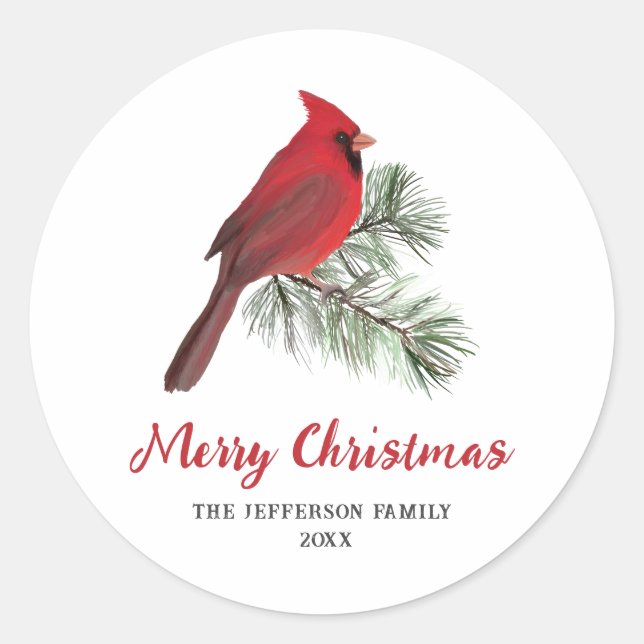 Elegant Cardinal Bird on Christmas Pine Monogram Classic Round Sticker (Front)