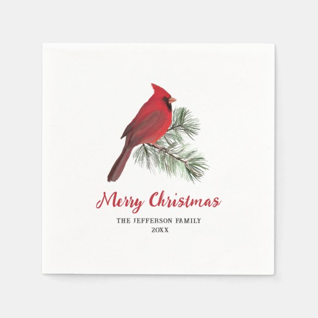 Elegant Cardinal Bird on Christmas Pine Monogram Napkin (Front)