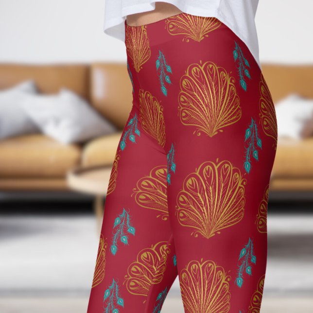 Elegant Carmine Red Peacock Fan Pattern Leggings (Peacock Fan on Carmine Leggings)