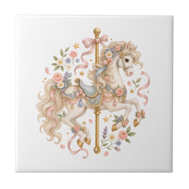 Elegant Carousel Horse French Fairytale Ceramic Tile (Front)