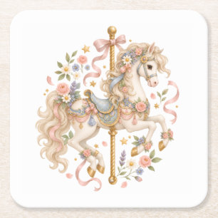 Elegant Carousel Horse French Fairytale Square Paper Coaster