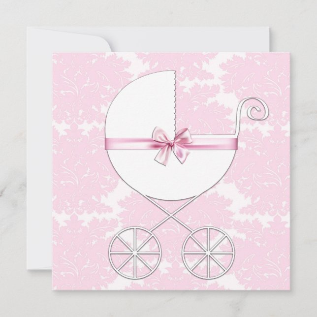 Elegant Carriage Pink Damask Baby Shower Invitation (Front)