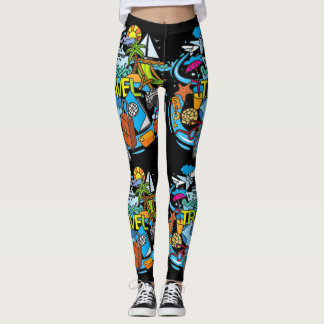 Elegant cartoon drawing Travelling Black Modern Leggings