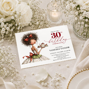Elegant Cartoon Woman 30th Birthday Deep Red Scrip Invitation