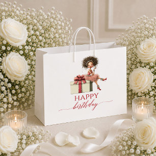 Elegant Cartoon Woman Marsala Script Birthday gift Large Gift Bag