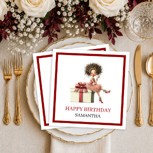 Elegant Cartoon Woman Marsala Script Birthday Napk Napkin