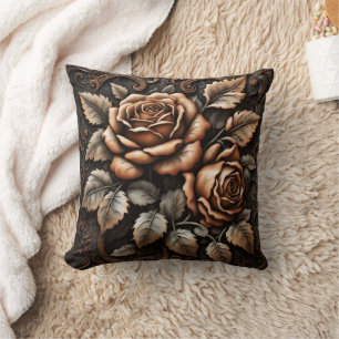 Elegant Carved Roses With Lush Leaves Cushion