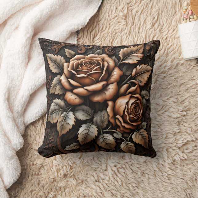 Elegant Carved Roses With Lush Leaves Cushion (Blanket)