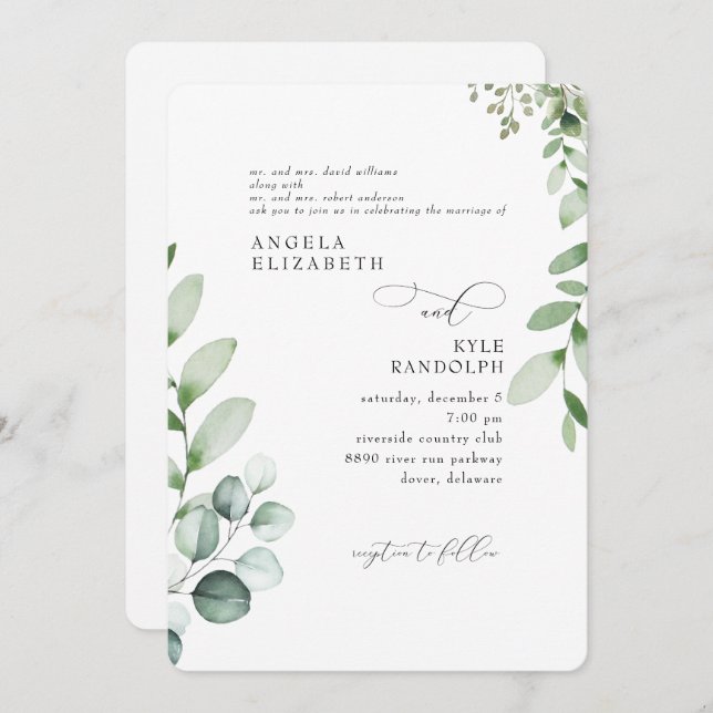 Elegant Cascading Eucalyptus Wedding Rounded Invitation (Front/Back)