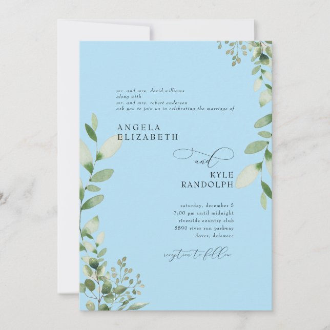 Elegant Cascading Greenery Wedding Ice Blue Invitation (Front)