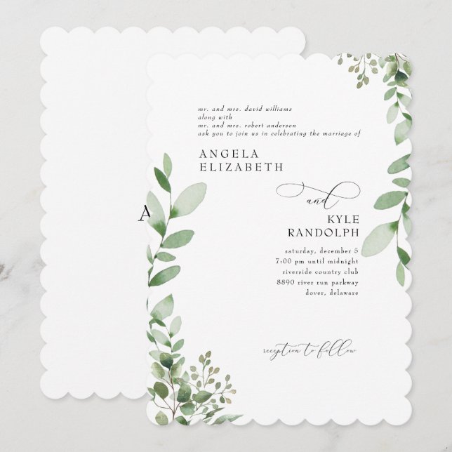 Elegant Cascading Greenery Wedding Scalloped Invitation (Front/Back)