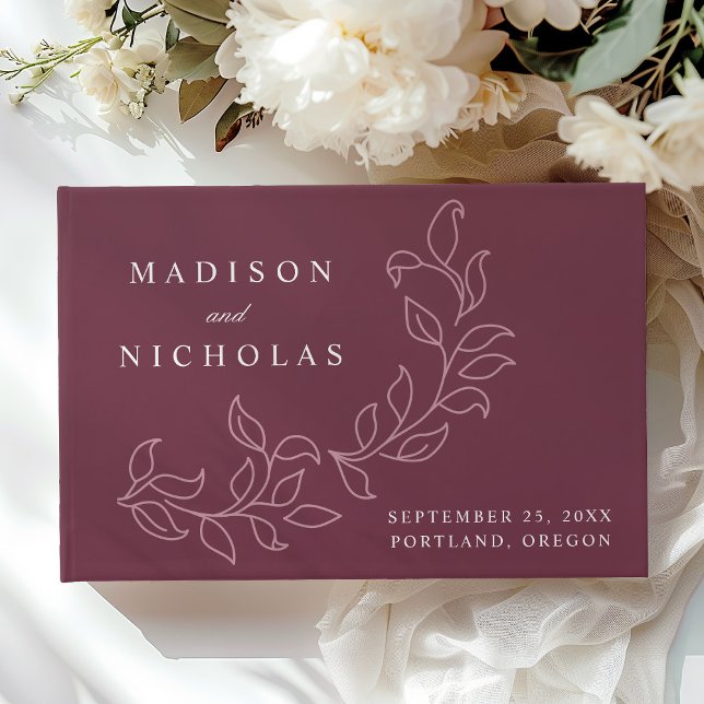 Elegant Cascading Merlot Leaves Photo Wedding Guest Book (Creator Uploaded)